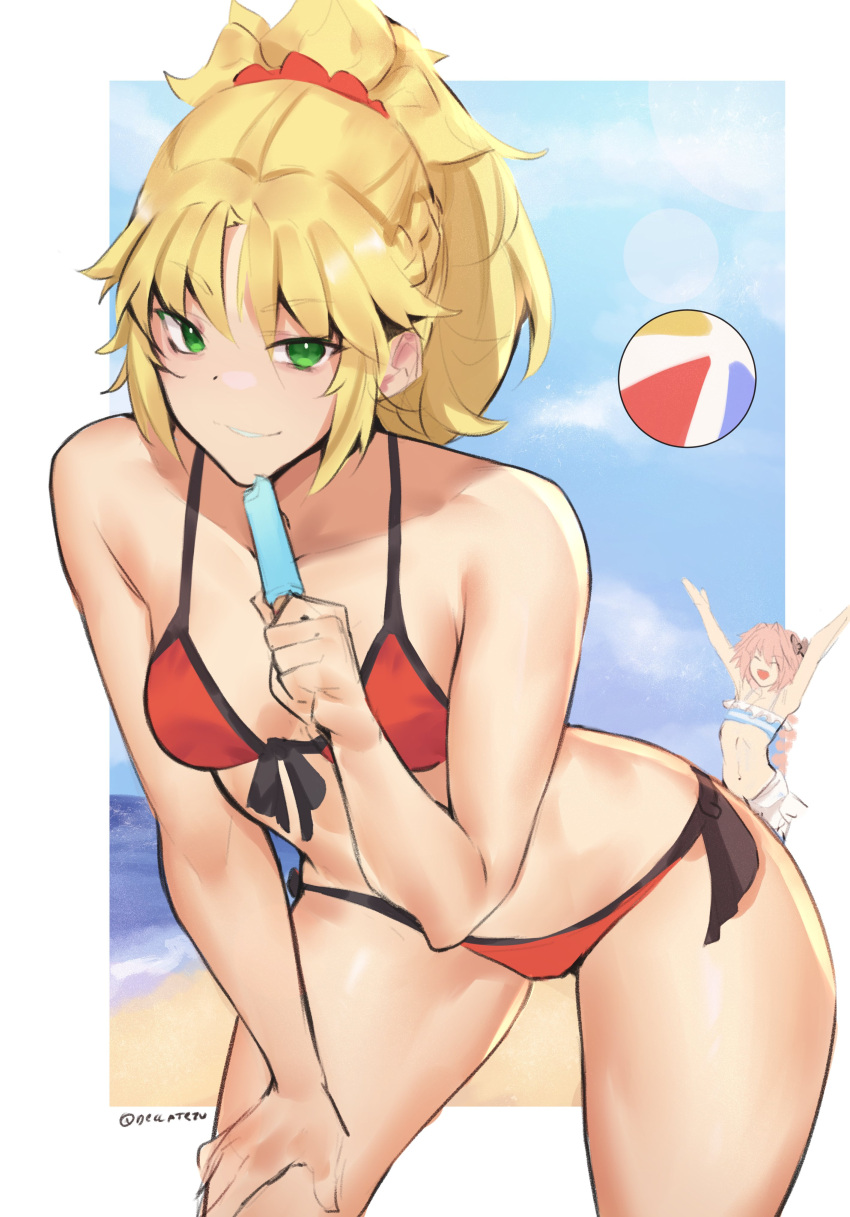 1boy 1girl absurdres astolfo_(fate) beach bikini blonde_hair blue_sky border braid breasts cloud collarbone day deccatezu english_commentary fate/apocrypha fate/grand_order fate_(series) food french_braid front-tie_bikini_top front-tie_top green_eyes hair_ornament hair_scrunchie halterneck hand_on_own_thigh highres leaning_forward light_blush long_hair looking_at_viewer mordred_(fate) mordred_(swimsuit_rider)_(fate) ocean outdoors ponytail popsicle red_bikini scrunchie shore side-tie_bikini_bottom sidelocks sky small_breasts smile smirk swimsuit thighs twitter_username white_border