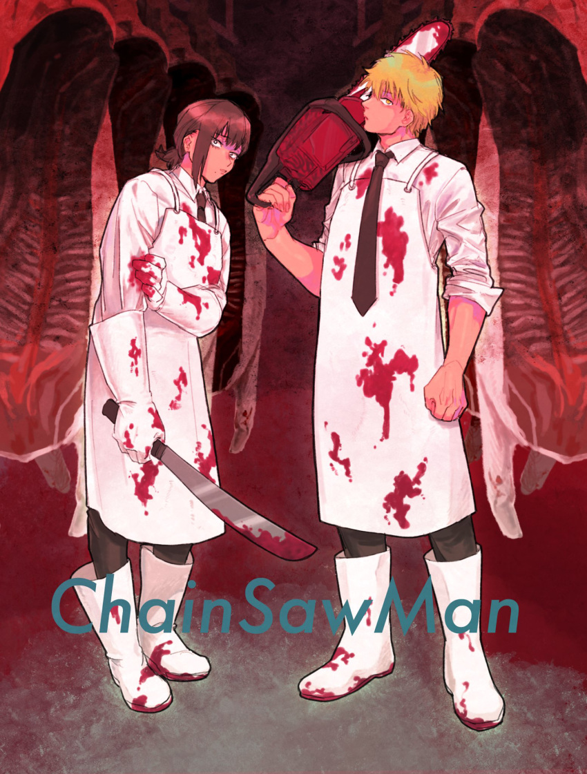 1boy 1girl apron black_necktie black_pants blonde_hair blood blood_on_clothes blood_on_shoes blood_on_weapon brown_hair butcher chainsaw chainsaw_man collared_shirt copyright_name denji_(chainsaw_man) drgryu750 food gloves hanging_food higashiyama_kobeni highres holding holding_chainsaw looking_at_viewer machete meat mole mole_under_eye necktie pants shirt shirt_tucked_in short_hair short_ponytail sideways_glance single_sidelock sleeves_rolled_up weapon white_apron white_gloves white_shirt yellow_eyes
