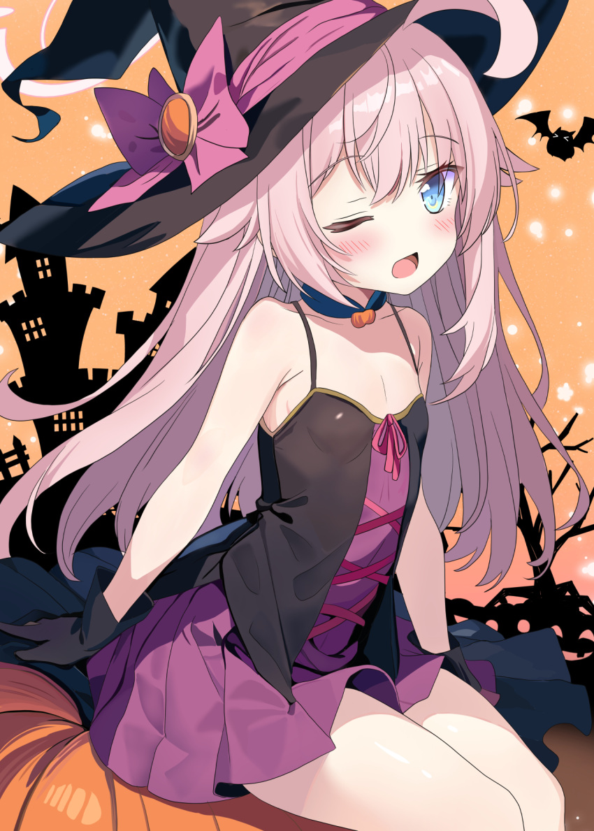 1girl ahoge aruka_(alka_p1) black_headwear blue_archive blue_eyes blush collarbone commentary_request dress feet_out_of_frame flat_chest hair_between_eyes halloween halloween_costume halo hat highres hoshino_(blue_archive) long_hair looking_at_viewer one_eye_closed open_mouth pink_hair pink_halo pleated_dress purple_dress sitting solo witch_hat
