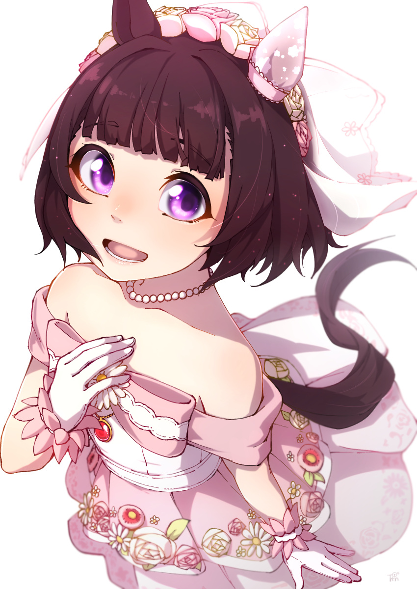 1girl :d absurdres animal_ears bare_shoulders blunt_bangs bridal_veil bride brown_hair collarbone commentary dress ear_covers flat_chest flower hair_flower hair_ornament hand_on_own_chest highres horse_ears horse_girl horse_tail jewelry looking_at_viewer necklace nishino_flower_(sweet_juneberry)_(umamusume) nishino_flower_(umamusume) official_alternate_costume open_mouth pearl_necklace pink_dress purple_eyes short_hair simple_background single_ear_cover smile solo strapless strapless_dress tail thin_(suzuneya) umamusume veil wedding_dress white_background