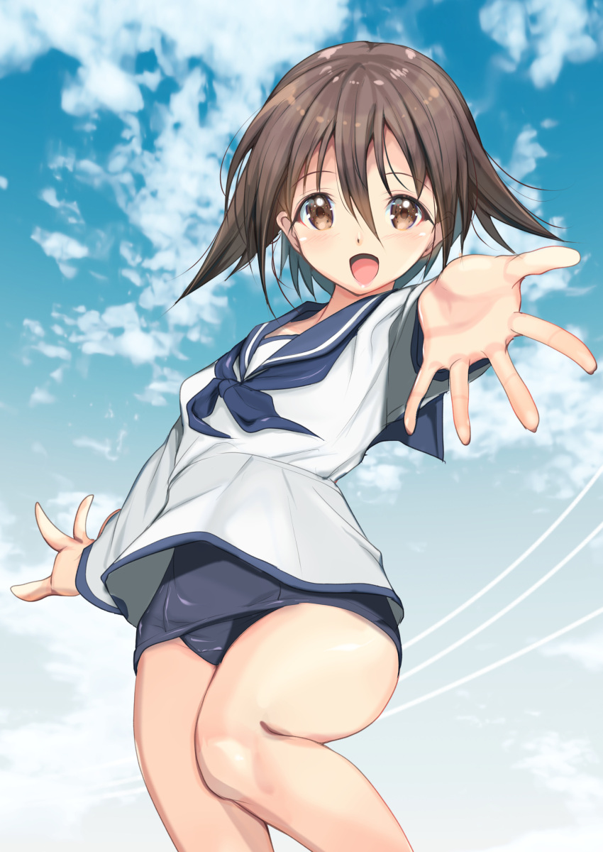 1girl absurdres blue_one-piece_swimsuit blue_sailor_collar blue_sky brown_eyes brown_hair cloud commentary_request cowboy_shot foreshortening hair_flaps highres miyafuji_yoshika one-piece_swimsuit sailor_collar sailor_shirt school_swimsuit shirt short_hair sky smile solo strike_witches swimsuit swimsuit_under_clothes white_shirt world_witches_series yashin_(yasinz)
