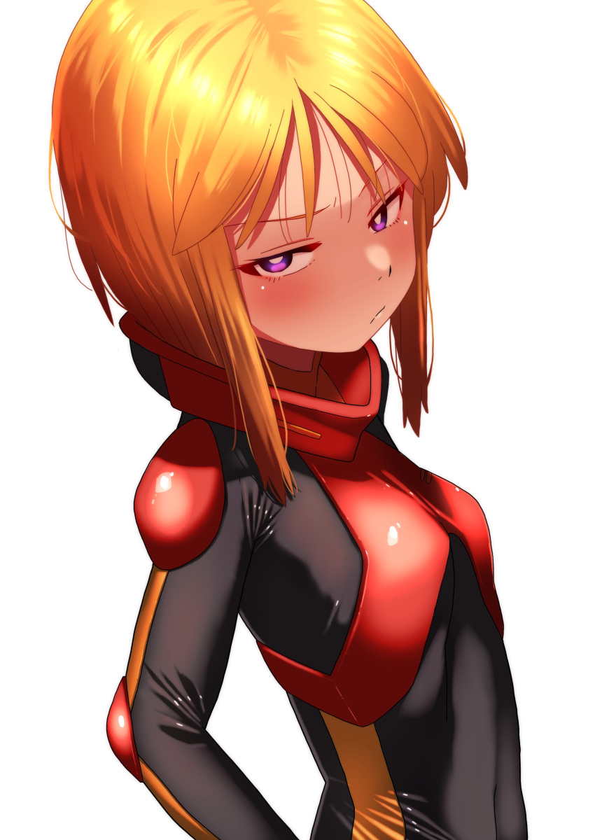 1girl absurdres bodysuit bright_pupils covered_navel gloves gundam gundam_zz hair_between_eyes highres onimaru_(onimal7802) orange_hair pilot_suit purple_eyes puru_two red_gloves short_hair sidelocks simple_background skin_tight solo white_background white_pupils