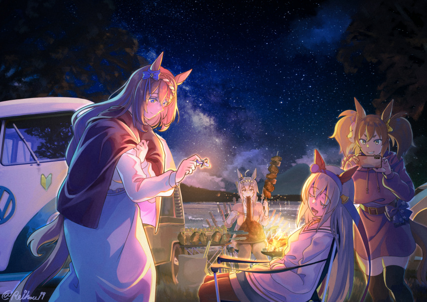 4girls ahoge animal_ears belt black_thighhighs blue_bow bonfire bow brown_belt brown_hair cellphone denim denim_shorts drooling ear_covers eating fox_mask from_side grey_hair hair_between_eyes hair_bow headband highres holding holding_pacifier holding_phone horse_ears horse_girl horse_tail inari_one_(umamusume) long_hair long_skirt mask mask_on_head mouth_drool multiple_girls oguri_cap_(umamusume) pantyhose phone red_headband red_pantyhose reihou19 shorts shoshinsha_mark sitting skirt sky sleeping smartphone star_(sky) starry_sky super_creek_(umamusume) sweater tail tamamo_cross_(umamusume) thighhighs twitter_username umamusume very_long_hair volkswagen volkswagen_type_2 yellow_bow