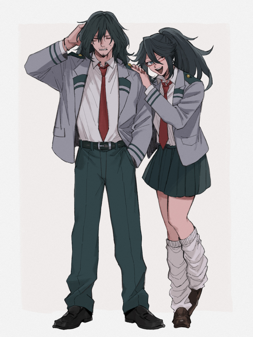 1boy 1girl black_footwear black_pants black_skirt boku_no_hero_academia bracelet brown_footwear closed_eyes collared_shirt eraser_head_(boku_no_hero_academia) fingernails glasses grey_background grey_jacket grey_socks grimace hair_between_eyes hand_on_another's_shoulder highres jacket jewelry leg_warmers long_hair midnight_(boku_no_hero_academia) necktie one_eye_closed open_mouth pants pleated_skirt ponytail red-framed_eyewear red_nails red_necktie rnuyvm scar shirt skirt socks sweatdrop white_socks