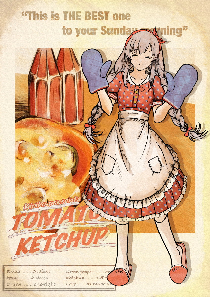 1girl ^_^ absurdres apron bow braid breasts closed_eyes closed_mouth collarbone dress english_text frilled_apron frilled_dress frills full_body grey_hair hair_bow hair_ribbon hands_up highres idolmaster idolmaster_shiny_colors ketchup long_hair looking_at_viewer medium_breasts oven_mitts pizza_toast polka_dot polka_dot_dress recipe red_dress red_ribbon ribbon short_sleeves sidelocks slippers smile socks solo text_background twin_braids twintails usui_hal white_apron white_socks yukoku_kiriko