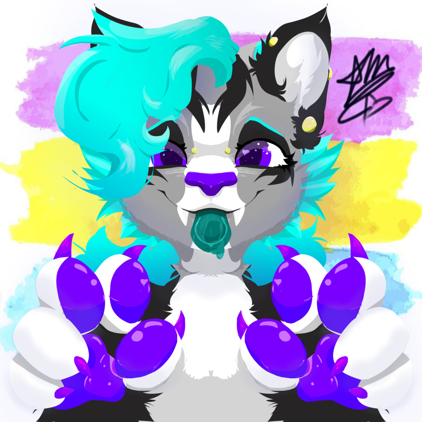 1:1 abhor_moon_(artist) ambiguous_gender andean_mountain_cat anthro big_pawpads blue_hair bodily_fluids claws dripping ear_piercing felid feline gauged_ear hair hi_res humanoid industrial_piercing leopardus lgbt_pride mammal pansexual_pride_colors pawpads paws piercing pride_colors purple_eyes saliva saliva_drip saliva_on_tongue sharp_claws sharp_teeth teeth wet_tongue