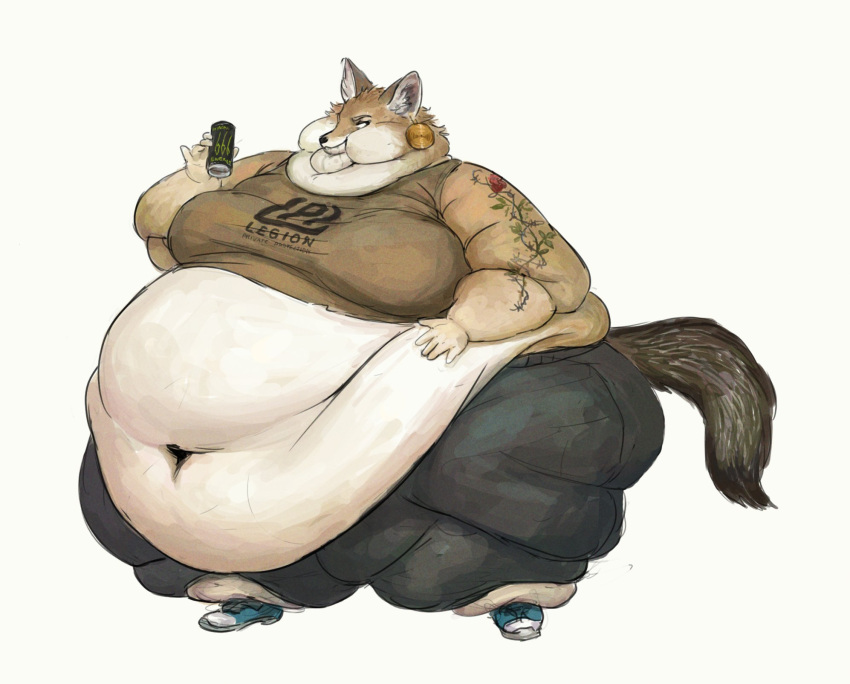 2020 anthro arm_tattoo belly beverage beverage_can big_belly bodily_fluids bottomwear canid canine cettus chubby_cheeks clothing crop_top double_chin drooling ear_piercing ear_ring energy_drink english_text fat_rolls female footwear fox hand_on_stomach hi_res holding_beverage holding_object huge_belly logo mammal morbidly_obese morbidly_obese_anthro morbidly_obese_female obese obese_anthro obese_female overweight overweight_anthro overweight_female pants piercing ring_piercing saliva shirt shoes simple_background solo standing tank_top tattoo text thick_thighs topwear white_background