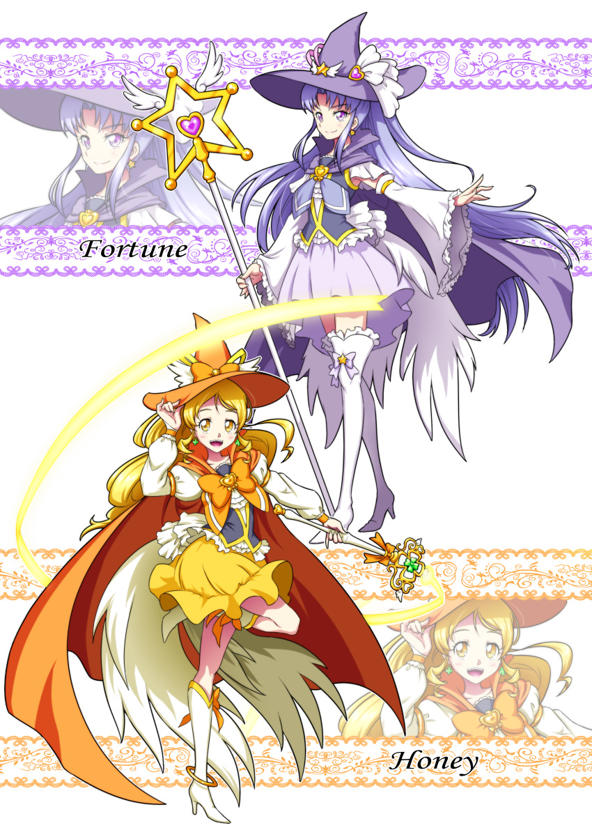 2girls :d absurdres adapted_costume alternate_costume blonde_hair boots bow cape character_name commentary_request cure_fortune cure_honey detached_sleeves earrings eyelashes hair_ornament happinesscharge_precure! happy hat high_heel_boots high_heels highres hikawa_iona jewelry knee_boots large_hat long_hair looking_at_viewer magical_girl matatabi_(karukan222) multiple_girls oomori_yuuko open_mouth orange_cape ponytail precure puffy_sleeves purple_cape purple_eyes purple_hair purple_skirt skirt smile staff standing thigh_boots thighhighs vest wand witch witch_hat yellow_eyes yellow_skirt