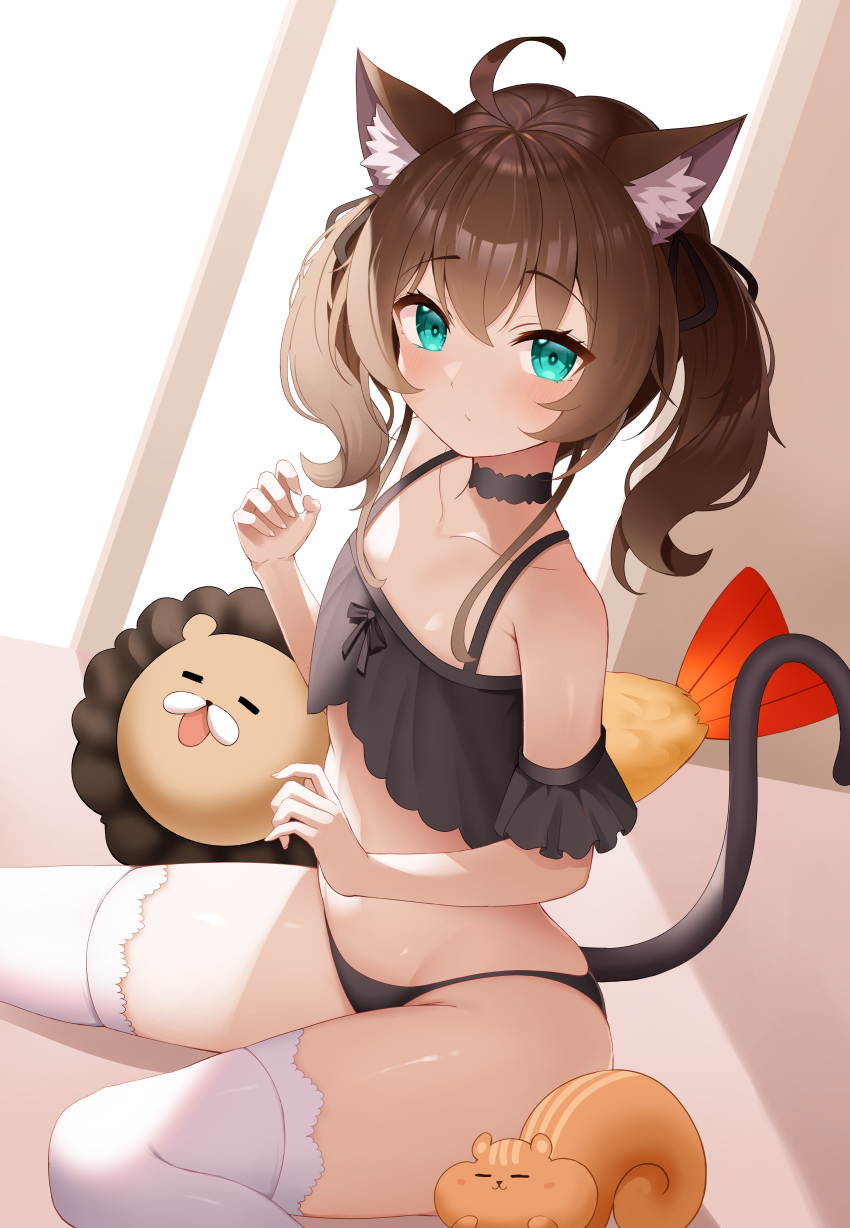 1girl absurdres ahoge alternate_hairstyle animal_ears arm_garter armpit_crease bare_shoulders black_choker black_panties blue_eyes blush brown_hair cat_ears cat_girl cat_tail choker closed_mouth collarbone crop_top flat_chest from_side hair_between_eyes hair_ribbon highres hololive indoors long_bangs long_hair looking_at_viewer natsuiro_matsuri on_bed panties raised_eyebrows ribbon roina_(effj7473) short_twintails sidelocks solo stomach stuffed_animal stuffed_toy tail thighhighs thighs twintails underwear virtual_youtuber white_thighhighs