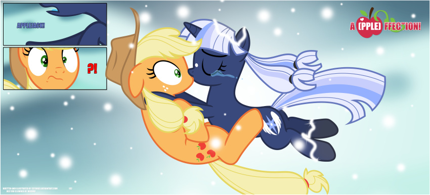 absurd_res applejack_(mlp) bangs black_border bodily_fluids border butt canon_x_oc clothing cowboy_hat crying cutie_mark dialogue duo ears_down ears_up earth_pony equid equine estories exclamation_point female female/female female_kissing feral first_kiss freckles freckles_on_face friendship_is_magic hasbro hat headgear headwear hi_res horn horse kissing mammal my_little_pony open_mouth pivoted_ears pony question_mark restored silverlay_(estories) tears unicorn wide_eyed