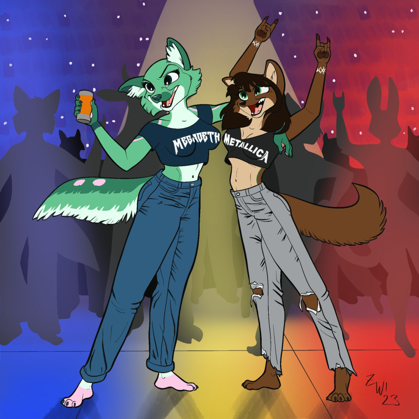 alcohol anthro beer beverage beverage_can black_hair bottomwear brown_body brown_fur brown_pawpads canid canine canis cheek_tuft clothing concert crop_top crowd denim denim_clothing devil_horns_(gesture) duo_focus facial_tuft fangs female fur gesture green_body green_fur group hair half-closed_eyes hi_res jeans mammal megadeth metallica narrowed_eyes open_mouth open_smile pants pawpads paws pink_body pink_fur shirt smile teeth topwear tuft white_body white_fur wolf zephyriwolf