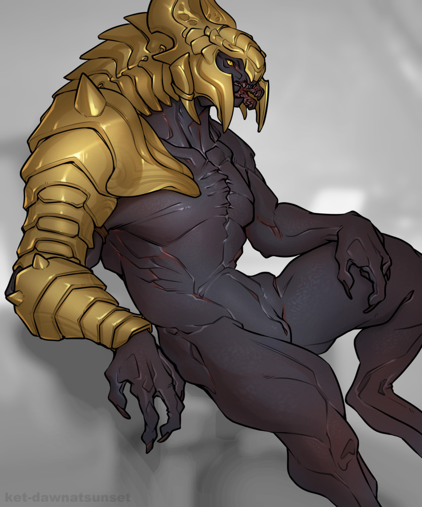 alien animal_genitalia arbiter_(halo) armor bottomless clothed clothing digitigrade genital_slit genitals grey_body grey_skin halo_(series) headgear helmet hi_res humanoid ket-dawnatsunset male mandibles manica microsoft muscular muscular_male open_mouth partially_clothed pinup pose presenting_slit reclining sangheili simple_background sitting slit solo teeth thel_'vadam unconvincing_armor xbox_game_studios yellow_eyes