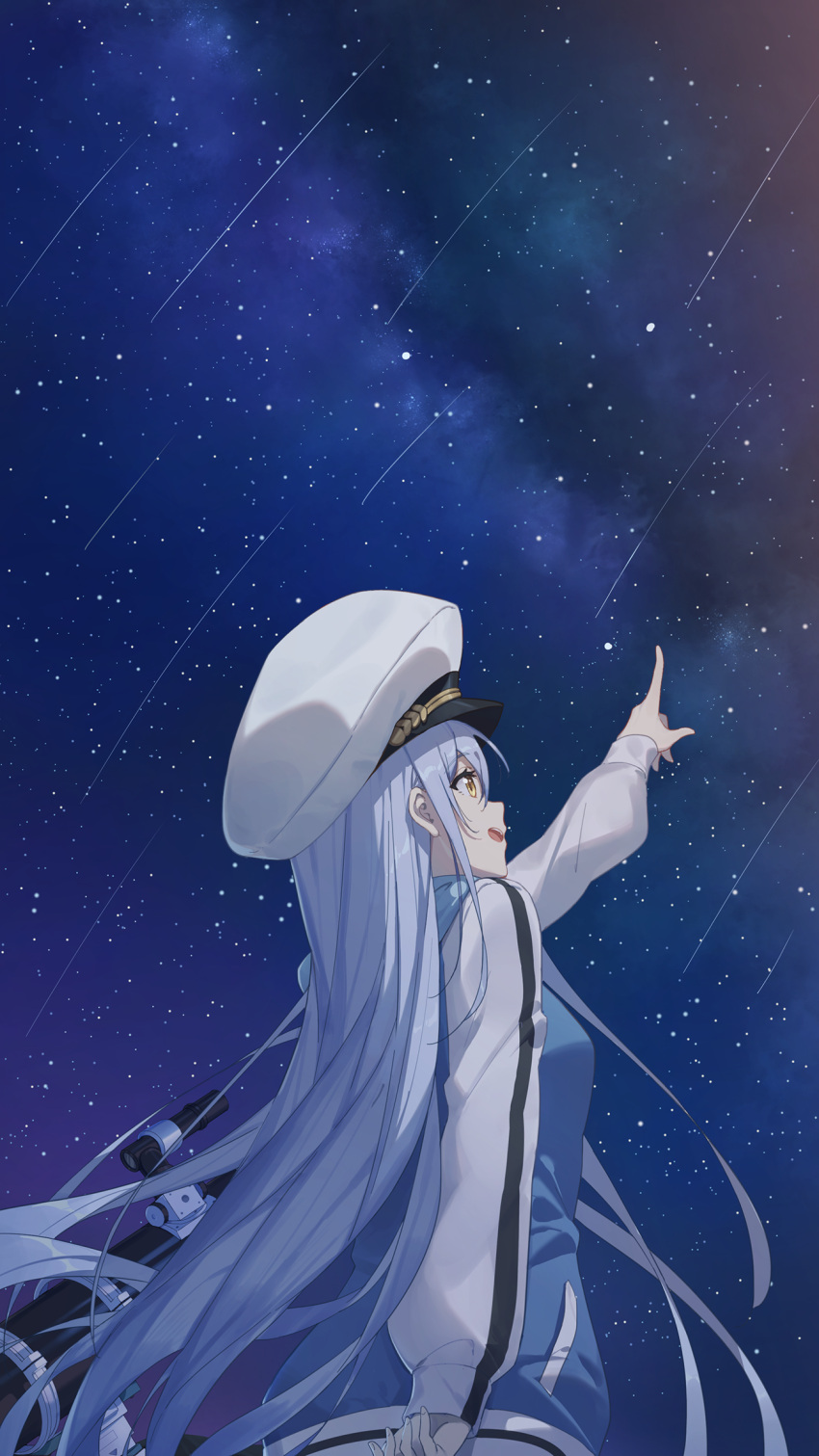 1girl blue_hair blue_jacket from_behind from_below happy hat highres island_(game) jacket lantian_lanz long_hair night night_sky ohara_rinne outdoors parted_lips peaked_cap pointing shooting_star sky solo standing star_(sky) stargazing starry_sky telescope track_jacket very_long_hair white_headwear yellow_eyes