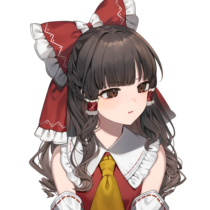 1girl absurdres ascot bow brown_eyes brown_hair commentary_request daimaou_ruaeru detached_sleeves frilled_bow frilled_hair_tubes frilled_shirt_collar frills hair_bow hair_tubes hakurei_reimu highres long_hair looking_to_the_side pout red_bow red_vest ribbon-trimmed_sleeves ribbon_trim simple_background solo touhou two-tone_bow upper_body vest white_background white_bow white_sleeves yellow_ascot