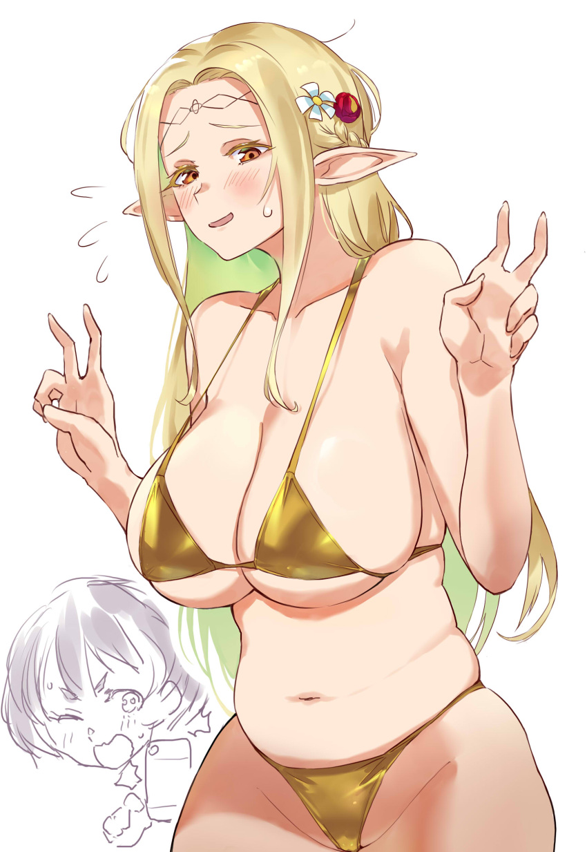 2girls absurdres bare_shoulders belly bikini blonde_hair blush braid breasts cellphone circlet cleavage collarbone cowboy_shot double_v edomae_elf eldali_ilma_fanomenel elf embarrassed flower flying_sweatdrops gold_bikini green_hair hair_flower hair_ornament hands_up highres holding holding_phone huge_breasts koganei_koito large_breasts long_hair looking_at_viewer multicolored_hair multiple_girls navel negresco one_eye_closed open_mouth orange_eyes phone plump pointy_ears short_hair sidelocks simple_background skindentation smartphone solo_focus stomach string_bikini sweat sweatdrop swimsuit taking_picture thighs v very_long_hair white_background white_flower