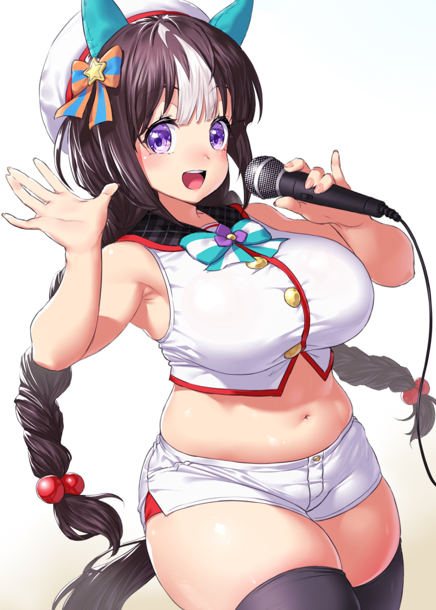 1girl animal_ears beret black_thighhighs bow braid breasts brown_hair commentary_request cowboy_shot curvy ear_covers hair_bow hat highres hokko_tarumae_(umamusume) holding holding_microphone horse_ears horse_girl horse_tail idol large_breasts long_braid long_hair looking_at_viewer microphone multicolored_hair navel onsoku_inu purple_eyes shorts solo star_(symbol) streaked_hair tail thighhighs twin_braids umamusume white_background white_headwear white_shorts