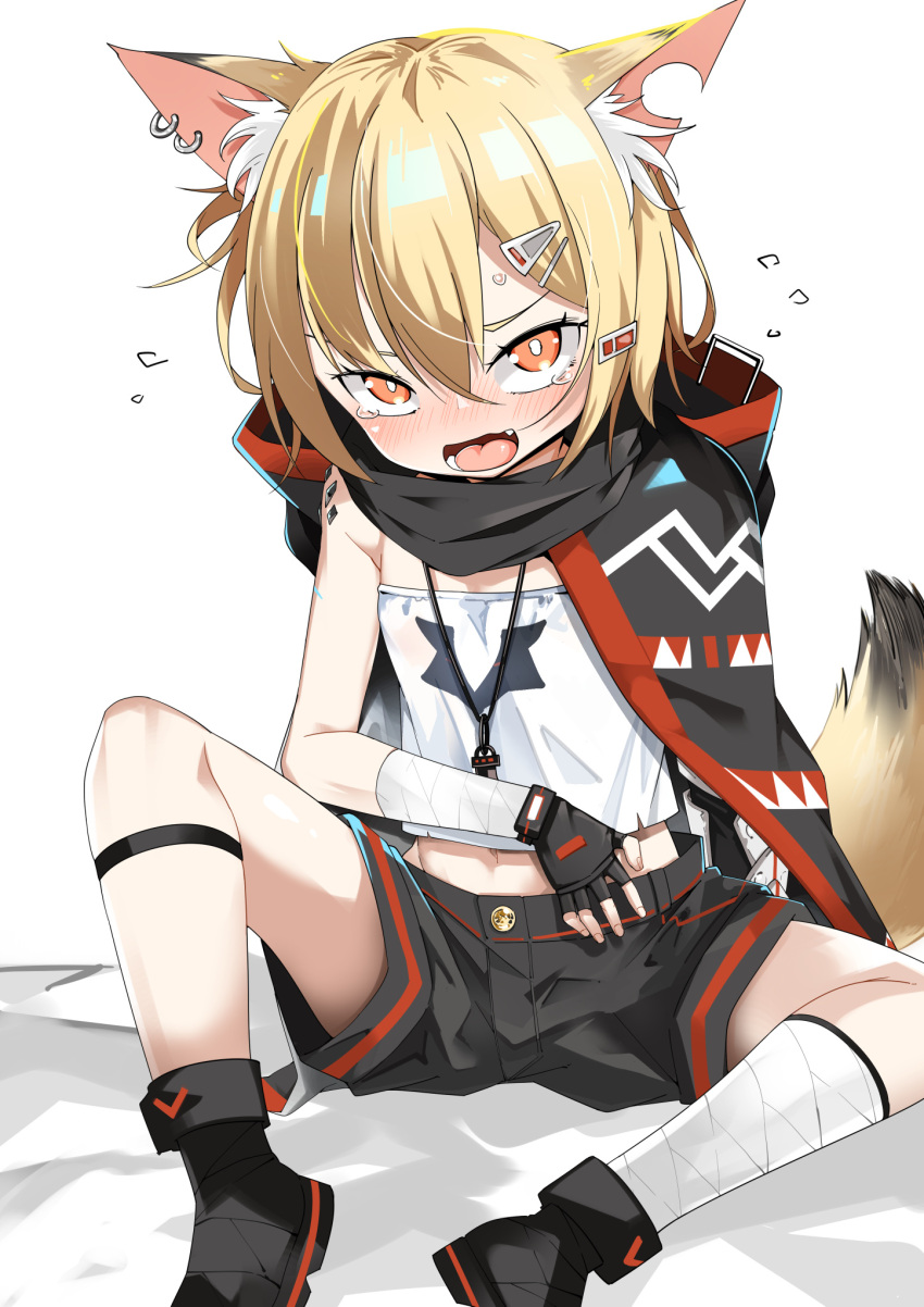 1girl animal_ear_fluff animal_ears arknights bandaged_leg bandages bed_sheet black_cloak black_footwear black_shorts blonde_hair blush cloak commentary_request crop_top ear_piercing hair_between_eyes highres hood hood_down hooded_cloak looking_at_viewer midriff navel nose_blush notched_ear open_mouth orange_eyes piercing shirt shoes shorts simple_background sitting solo strapless strapless_shirt tail tears tomurasuisen v-shaped_eyebrows vermeil_(arknights) white_background white_shirt