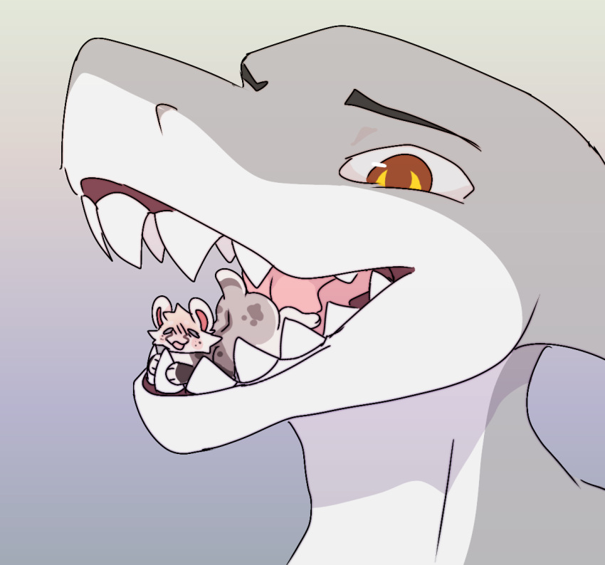 anthro blush blush_lines colored digital_drawing_(artwork) digital_media_(artwork) duo felid female fish licking macro male male/female mammal marine masa_lewo micro micro_on_macro nub_tail open_mouth pantherine portrait shaded shark sharp_teeth simple_shading size_difference squeakitti teeth tongue tongue_out vore