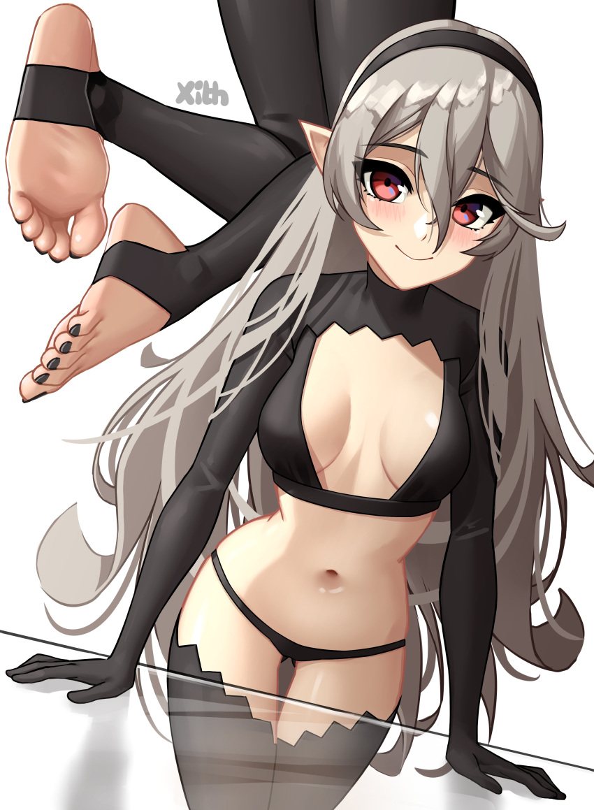1girl absurdres alternate_costume barefoot black_panties blush breasts corrin_(female)_(fire_emblem) corrin_(fire_emblem) feet fire_emblem fire_emblem_fates foot_focus hair_between_eyes hairband highres long_hair panties petite pointy_ears red_eyes skinny small_breasts smile solo thighhighs underwear white_hair x_xith_x