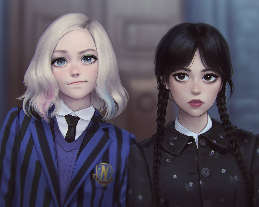 2girls addams_family black_eyes black_hair black_jacket black_necktie blonde_hair blue_jacket blue_vest blurry blurry_background braid buttons enid_sinclair expressionless freckles highres jacket long_hair long_sleeves looking_at_viewer medium_hair multicolored_hair multiple_girls necktie parted_bangs smile striped striped_jacket twin_braids two-tone_hair umigraphics vest wednesday_(netflix) wednesday_addams