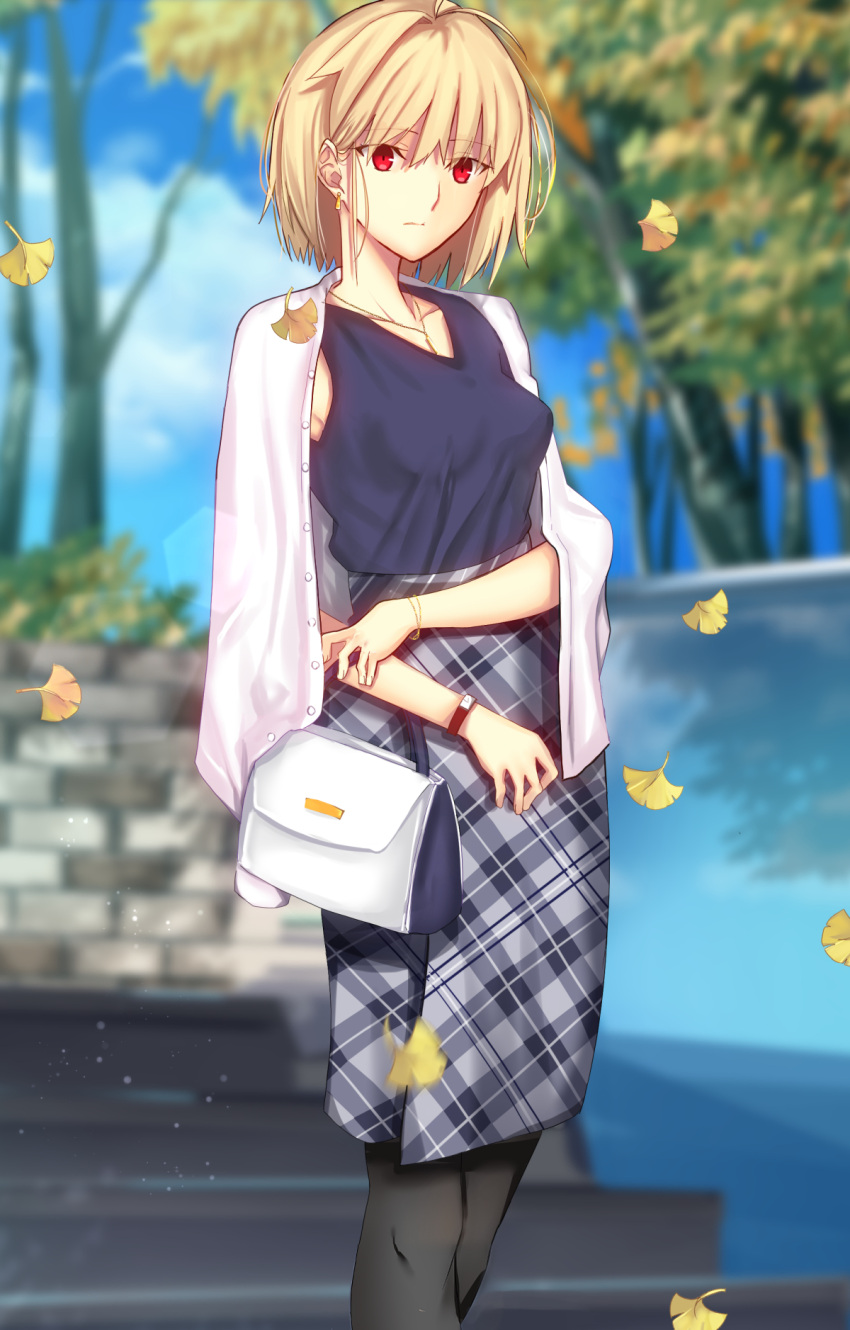 1girl alternate_costume antenna_hair arcueid_brunestud bag black_pantyhose blonde_hair blue_shirt blue_skirt blue_sky blurry blurry_background closed_mouth cloud commentary_request day earrings handbag highres holding holding_bag iro_(sekaixiro) jacket jacket_on_shoulders jewelry leaf looking_at_viewer necklace outdoors pantyhose plaid plaid_skirt red_eyes shirt short_hair single_hair_intake skirt sky sleeveless sleeveless_shirt solo stairs tree tsukihime watch white_bag white_jacket wristwatch