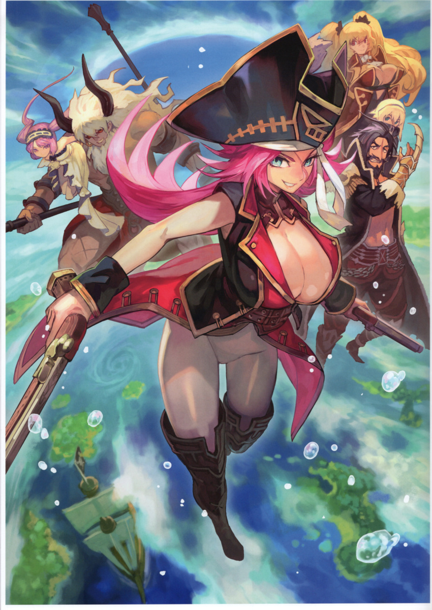 absurdres anne_bonny_(fate) asterios_(fate) blonde_hair breasts cloud cloudy_sky edward_teach_(fate) euryale_(fate) fate/extella fate/extella_link fate/extra fate/grand_order fate_(series) francis_drake_(fate) gun hat highres lack large_breasts long_hair mary_read_(fate) ocean pink_hair pirate pirate_hat scar scar_on_face ship short_hair sky watercraft weapon