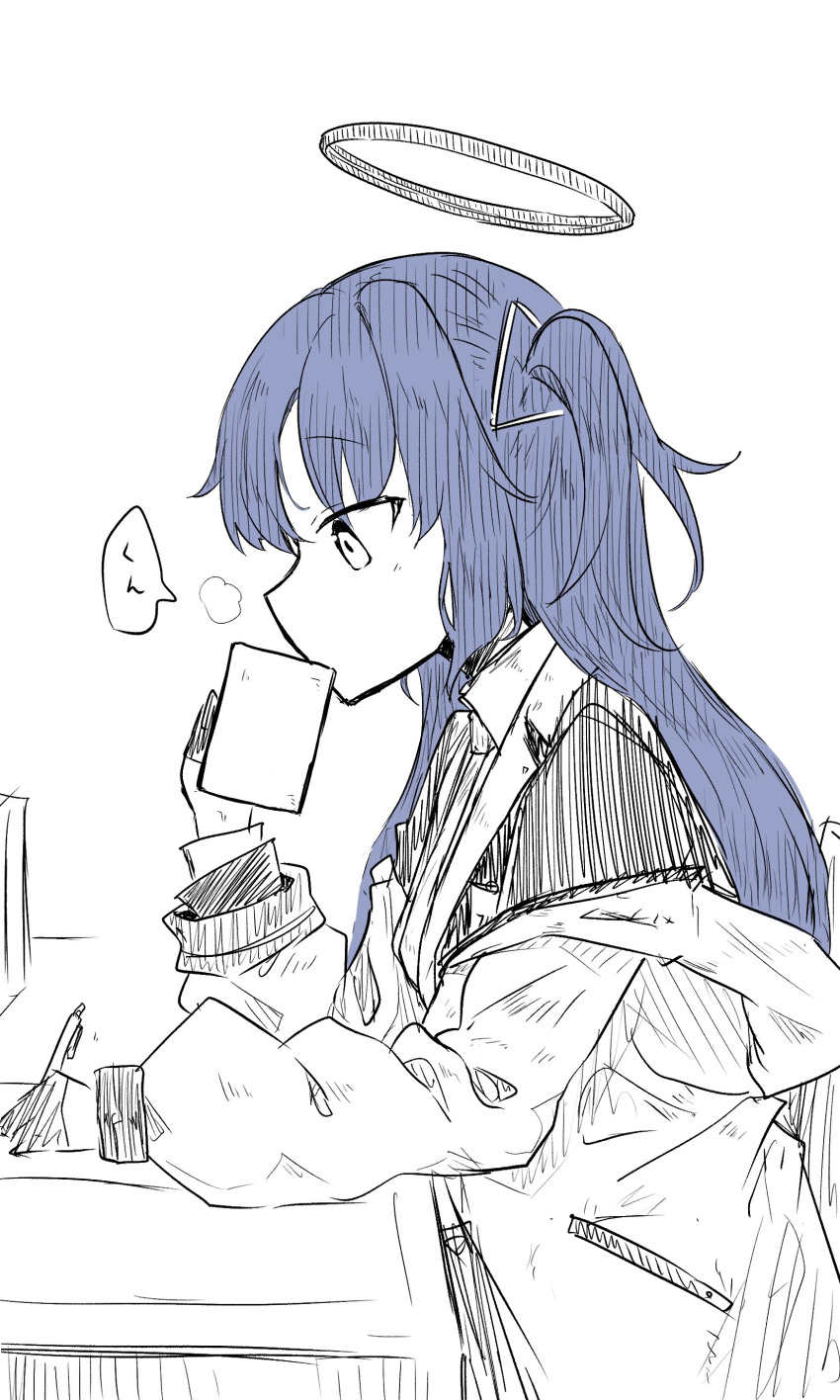 1girl absurdres black_jacket blazer blue_archive check_translation commentary_request cup desk from_side greyscale halo hand_up highres holding holding_cup holding_pen jacket jacket_partially_removed ki_no_nekko long_hair long_sleeves monochrome paper pen puffy_long_sleeves puffy_sleeves purple_hair short_twintails sketch smelling solo spot_color steam translation_request twintails upper_body white_background yuuka_(blue_archive)