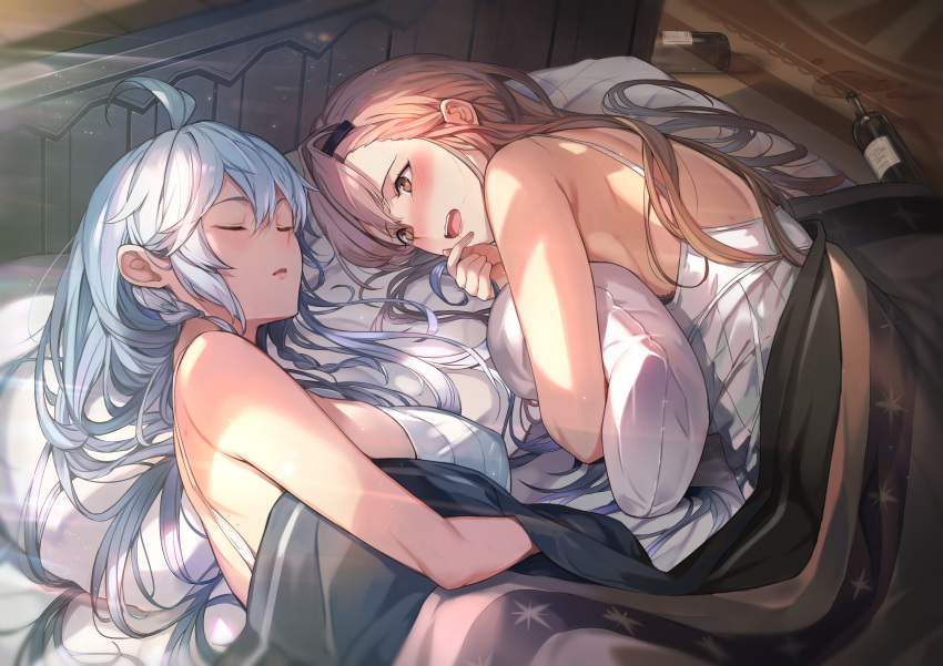 2girls :d absurdres ahoge asymmetrical_bangs bare_shoulders bed bed_sheet blanket blush bottle braid breasts brown_eyes brown_hair cleavage closed_eyes granblue_fantasy grey_hair hair_between_eyes hair_ornament hairclip hickey highres holding holding_hair holding_pillow indoors kakage large_breasts light_rays long_hair looking_at_another lying multiple_girls on_side open_mouth parted_lips pillow sideboob silva_(granblue_fantasy) sleeping smile star_(symbol) star_print sunbeam sunlight tank_top tweyen_(granblue_fantasy) twin_braids very_long_hair wavy_hair when_you_see_it white_tank_top wine_bottle yuri