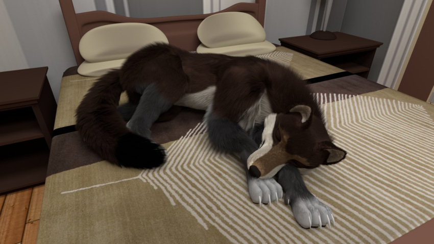 3d_(artwork) after_transformation bed black_nose brown_body brown_fur canid canine canine_ears canis claws digital_media_(artwork) eyes_closed feral floor fluffy fluffy_tail fur furniture inside kyetwolf_(artist) lying male mammal nude on_bed on_side sleeping snout solo tail wolf wood wood_floor yellow_eyes