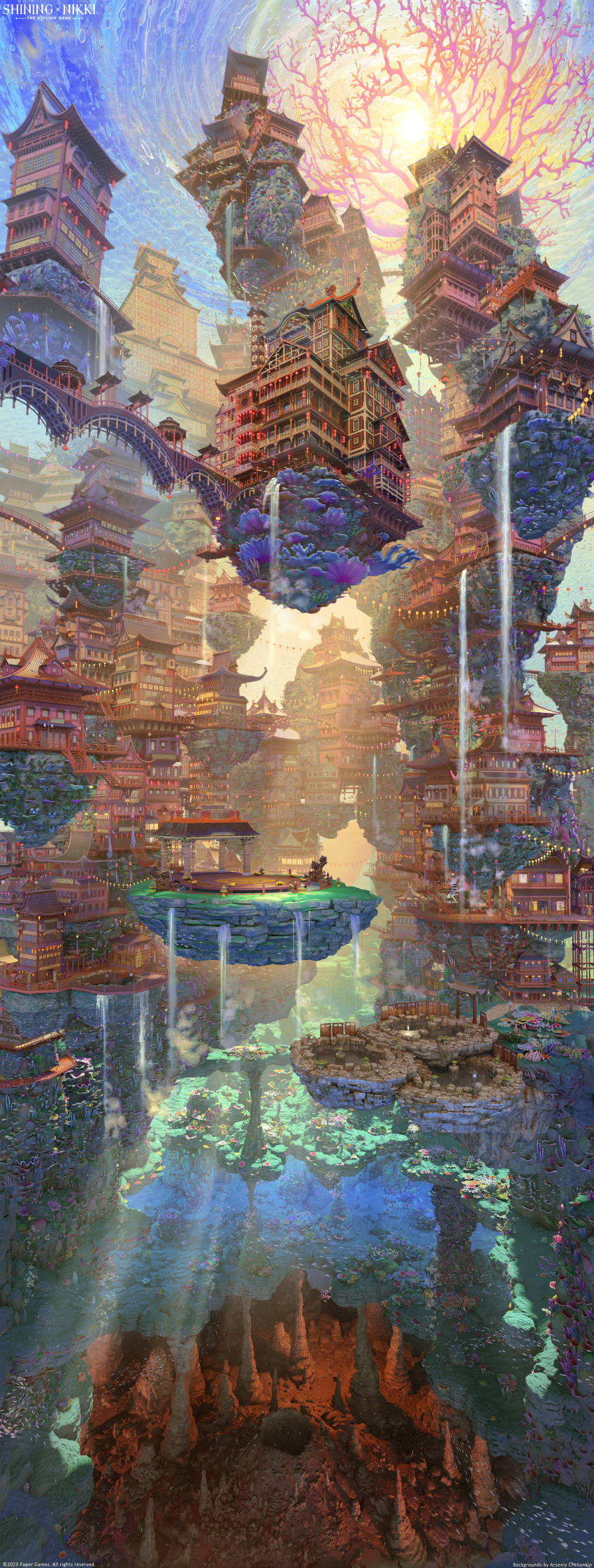 3d absurdres architecture arsenixc building coral day east_asian_architecture fish highres lantern light_rays no_humans ocean official_art scenery shining_nikki submerged sun sunbeam sunlight water