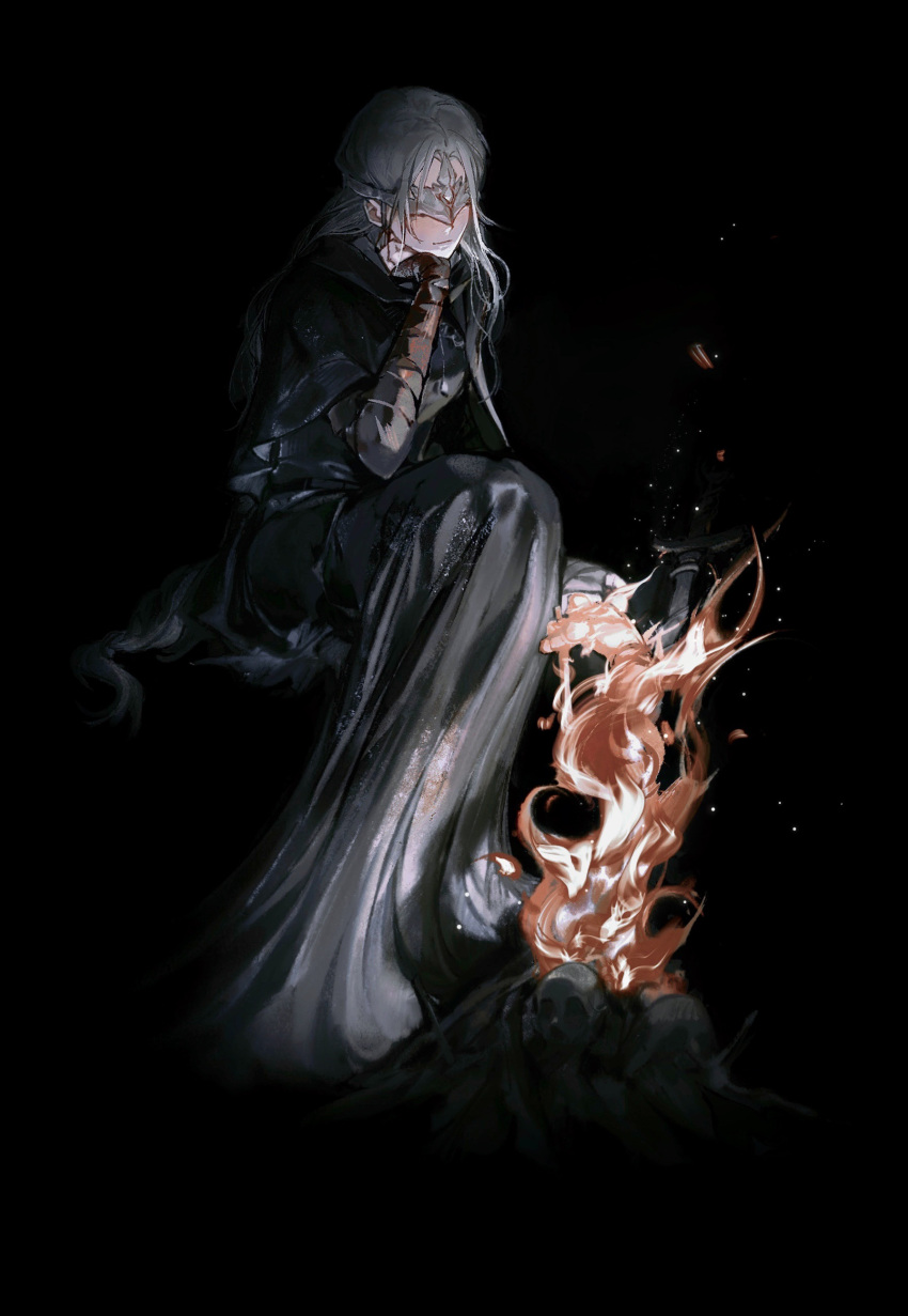 1girl absurdres arm_wrap ashen_one_(dark_souls_3) black_background black_capelet black_robe blindfold burning capelet covered_eyes dark dark_souls_(series) dark_souls_iii elbow_on_knee elbow_rest embers fire fire_keeper from_side full_body grey_hair head_on_hand highres hood hood_down hooded_capelet long_hair ramiica robe sitting smile solo sword watching weapon