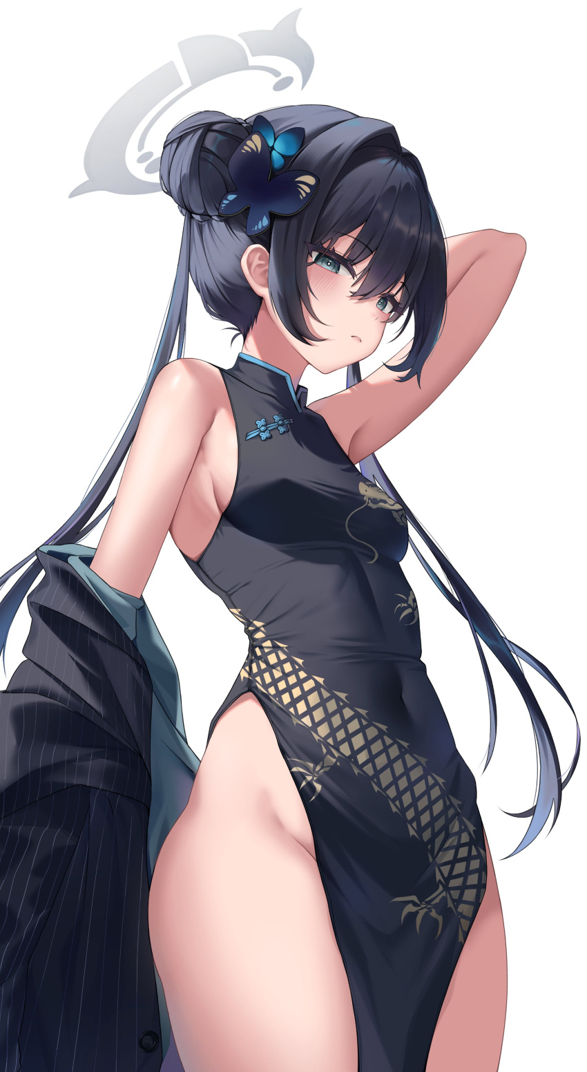 1girl absurdres arm_up armpits bare_shoulders black_dress black_hair black_jacket blue_archive blue_eyes breasts butterfly_hair_ornament china_dress chinese_clothes closed_mouth covered_navel covered_nipples cowboy_shot doongdang dragon_print dress hair_bun hair_intakes hair_ornament halo highres jacket kisaki_(blue_archive) long_hair looking_at_viewer no_panties pelvic_curtain pinstripe_pattern print_dress simple_background sleeveless sleeveless_dress small_breasts solo striped thighs twintails white_background