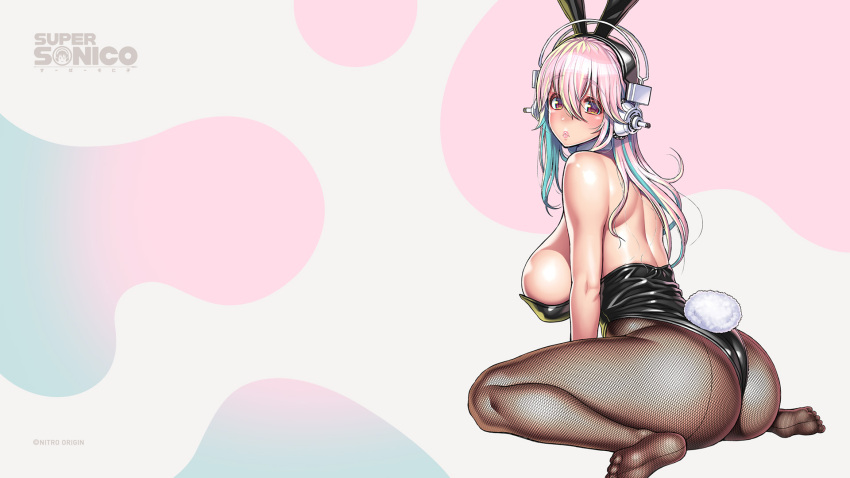 1girl animal_ears aqua_hair ass bare_shoulders black_leotard blush breasts colored_inner_hair detached_collar fake_animal_ears feet fishnet_pantyhose fishnets headphones highres large_breasts leotard lips long_hair looking_at_viewer looking_back multicolored_hair nitroplus no_shoes official_art pantyhose pink_hair playboy_bunny rabbit_ears rabbit_tail red_eyes sideboob sitting soles solo strapless strapless_leotard super_sonico tail tsuji_santa two-tone_hair wariza