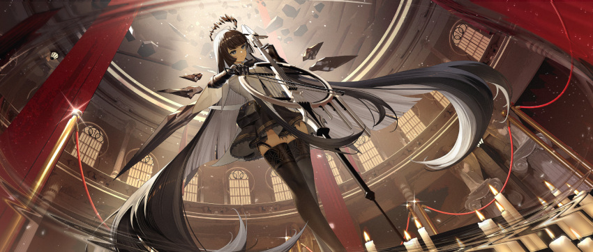 1girl absurdly_long_hair antenna_hair architecture arknights ascot belt belt_buckle belt_pouch black_ascot black_belt black_bustier black_eyes black_garter_straps black_gloves black_hair black_halo black_pouch black_skirt black_thighhighs black_wings blunt_bangs bow_(music) breasts broken_halo buckle bustier buttons candle candle_wax candlelight cello chinese_commentary closed_mouth colored_inner_hair column commentary_request curtains dark_halo day detached_wings dot_nose dress_shirt dutch_angle energy_wings feet_out_of_frame fence film_grain fire floating_hair floor from_below from_side garter_straps glint gloves glowing grey_hair grey_shirt halo hands_up highres hime_cut holding holding_bow_(music) holding_instrument holding_violin indoors instrument jacket layered_sleeves light_particles light_smile long_hair long_sleeves looking_afar looking_ahead miniskirt mole mole_under_eye motion_blur multicolored_hair music pillar playing playing_instrument pleated_skirt pouch red_curtains reflection reflective_floor shade shirt short_over_long_sleeves short_sleeved_jacket short_sleeves sidelocks skirt sky solo spotlight stage standing statue sunlight thighhighs two-tone_hair very_long_hair violin virtuosa_(arknights) wax weibo_7401527510 white_jacket window wings yellow_sky zettai_ryouiki