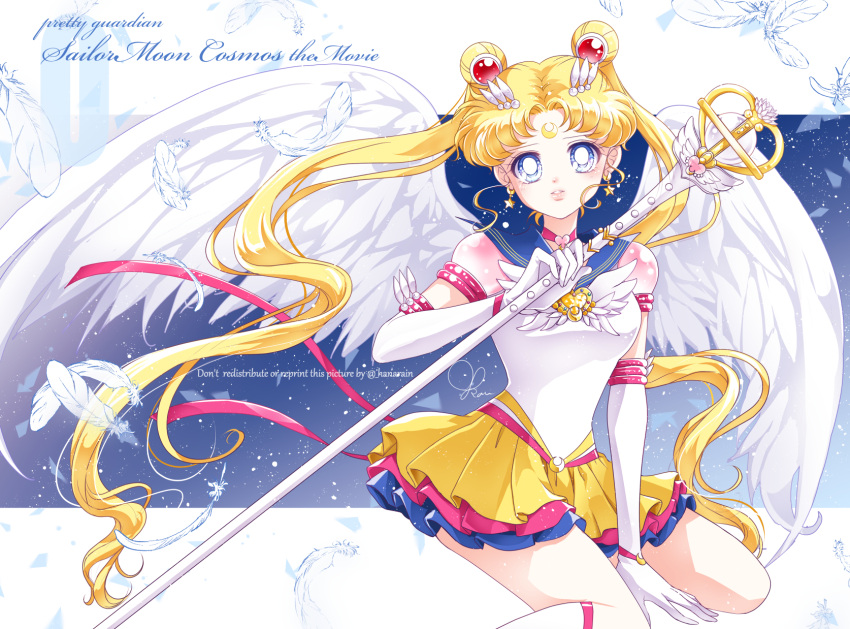 bishoujo_senshi_sailor_moon blonde_hair blue_eyes blue_sailor_collar brooch choker crescent crescent_facial_mark double_bun elbow_gloves eternal_sailor_moon facial_mark gloves hair_bun hair_ornament heart heart_brooch heart_hair_bun highres jewelry layered_skirt lips long_hair looking_at_viewer red_choker sailor_collar sailor_moon sailor_senshi sarashina_kau skirt tsukino_usagi twintails waist_brooch white_gloves wing_brooch winged_wand wings