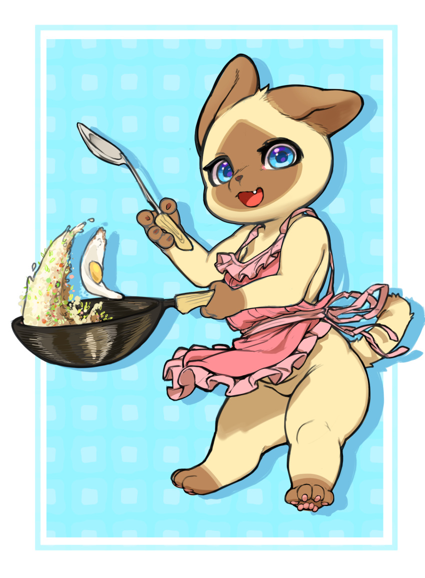 apron apron_only capcom clothing cooking cookware felid feline felyne female frying_pan hi_res kitchen_utensils lynian mammal monster_hunter monster_hunter_stories palico rapel round_ears short_stack smile smiling_at_viewer solo tools wife