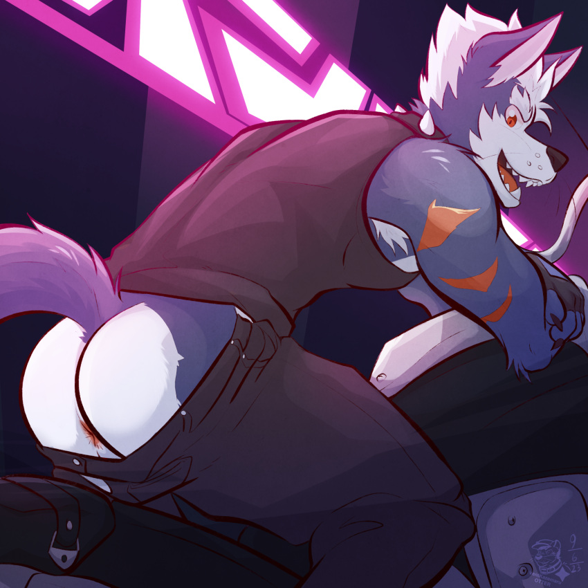 anthro anus armpit_hair body_hair bottomwear bottomwear_down butt canid canine canis clothed clothing collar hi_res mammal motorcycle night nintendo pants pants_down partially_clothed red_eyes scar sleeveless_shirt solo spiked_collar spikes star_fox vehicle ventkazemaru wolf wolf_o'donnell