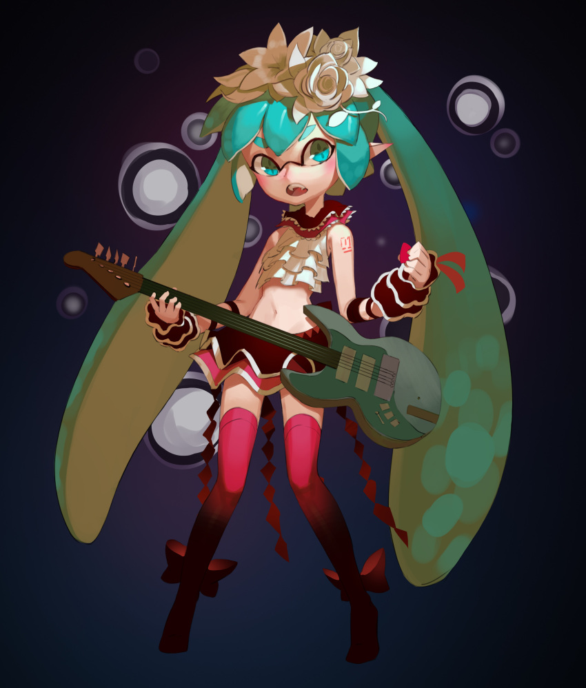 1girl absurdres aqua_eyes aqua_hair bare_shoulders bass_guitar bow check_instrument cropped_shirt detached_sleeves electric_guitar flower footwear_bow frilled_shirt frills full_body green_hair guitar hair_flower hair_ornament hatsune_miku highres holding holding_guitar holding_instrument holding_plectrum inkling inkling_girl instrument layered_skirt long_hair looking_at_viewer midriff miniskirt navel open_mouth plectrum pointy_ears red_bow red_thighhighs shirt skirt sleeveless sleeveless_shirt solo splatoon_(series) standing thighhighs topdylan twintails very_long_hair white_flower white_shirt zettai_ryouiki