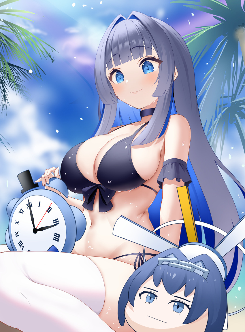 1girl absurdres arm_garter bare_shoulders bikini black_bikini black_choker blue_eyes blue_hair breasts choker cleavage closed_mouth colored_inner_hair commentary day front-tie_bikini_top front-tie_top grey_hair hair_intakes halterneck highres hololive kronie_(ouro_kronii) large_breasts long_hair looking_down multicolored_hair navel ouro_kronii outdoors roina_(effj7473) side-tie_bikini_bottom sitting smile solo stomach string_bikini swimsuit thighhighs thighs very_long_hair virtual_youtuber wet white_thighhighs yukkronii_(ouro_kronii)