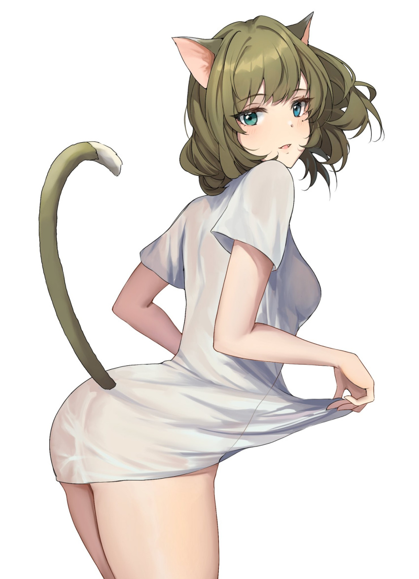 1girl animal_ears blush breasts cat_ears cat_tail green_hair heterochromia highres idolmaster idolmaster_cinderella_girls looking_at_viewer looking_back medium_breasts mole mole_under_eye no_pants nyome991 oversized_clothes oversized_shirt see-through see-through_shirt shirt shirt_hold simple_background solo tail takagaki_kaede white_background white_shirt