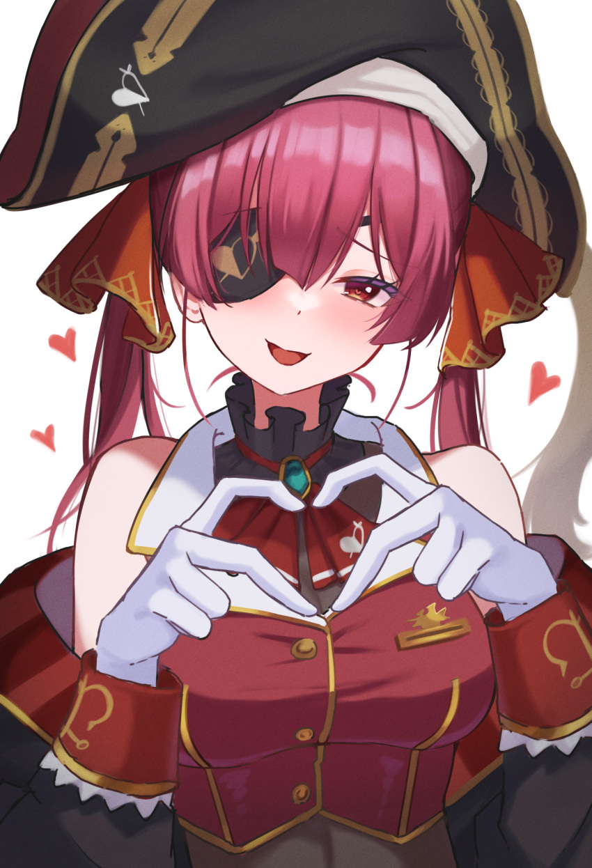 1girl arrow_through_heart ascot bare_shoulders bicorne black_choker black_coat black_headwear blush breasts brooch choker coat cropped_jacket eyepatch frilled_choker frilled_shirt_collar frills hair_ribbon hat heart heart_hands heterochromia highres hololive houshou_marine jacket jewelry large_breasts leotard leotard_under_clothes long_hair looking_at_viewer off_shoulder open_mouth pirate_hat red_ascot red_eyes red_hair red_jacket red_ribbon ribbon see-through see-through_leotard sleeveless sleeveless_jacket smile solo thighhighs twintails virtual_youtuber wabimochi yellow_eyes