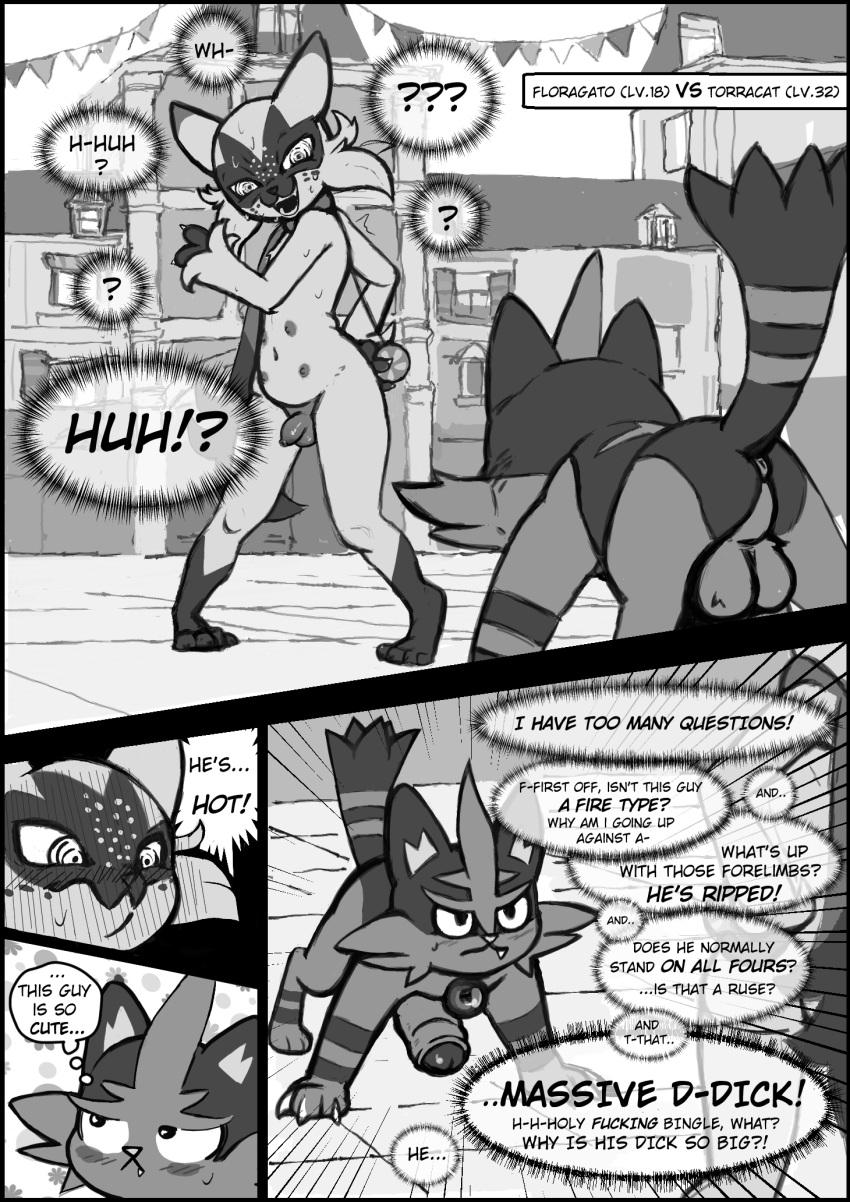 anthro anus balls biped blush bodily_fluids comic duo embarrassed erection felid feline feral fighting_pose flaccid floragato foreskin freckles generation_7_pokemon generation_9_pokemon genitals greyscale hi_res humanoid_genitalia male mammal manga monochrome multi_nipple nintendo nipples nude penis penis_size_difference perineum pokemon pokemon_(species) pose quadruped right_to_left small_penis standing sweat sweatdrop thought_bubble torracat twentyfur yo-yo