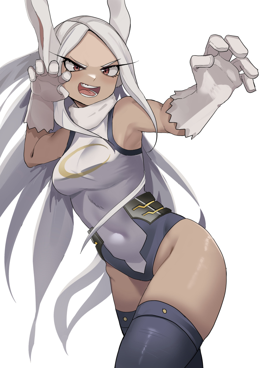 1girl absurdres animal_ears armpits bare_shoulders boku_no_hero_academia breasts crotch dark_skin gloves highres large_breasts long_hair mirko navel open_mouth rabbit_ears simple_background solo thighhighs tight very_long_hair white_background white_hair zd_(pixiv6210083)