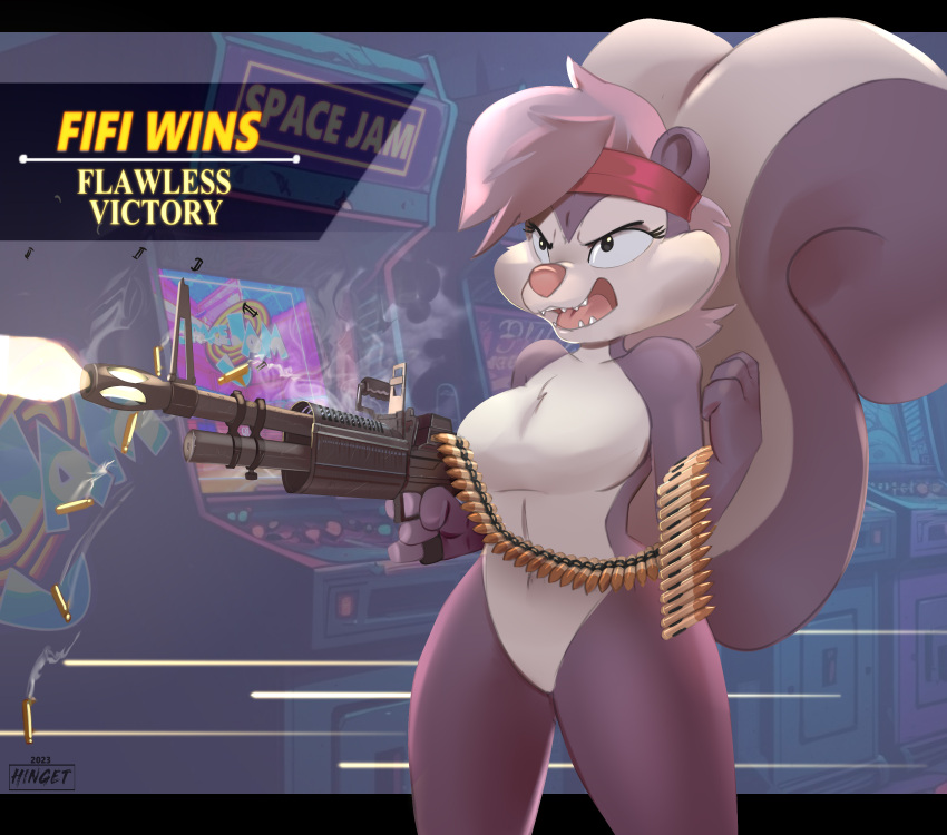 2023 4_fingers absurd_res accessory ammo_belt anthro arcade arcade_machine band black_eyes breasts detailed_background english_text eyebrows eyelashes featureless_breasts featureless_crotch female fifi_la_fume fingers gun hair headband hi_res hinget holding_machine_gun holding_object holding_weapon m60 machine_gun mammal medium_breasts mephitid open_mouth pink_nose purple_hair ranged_weapon sharp_teeth shooting short_hair skunk solo space_jam teeth text tiny_toon_adventures tongue warner_brothers weapon