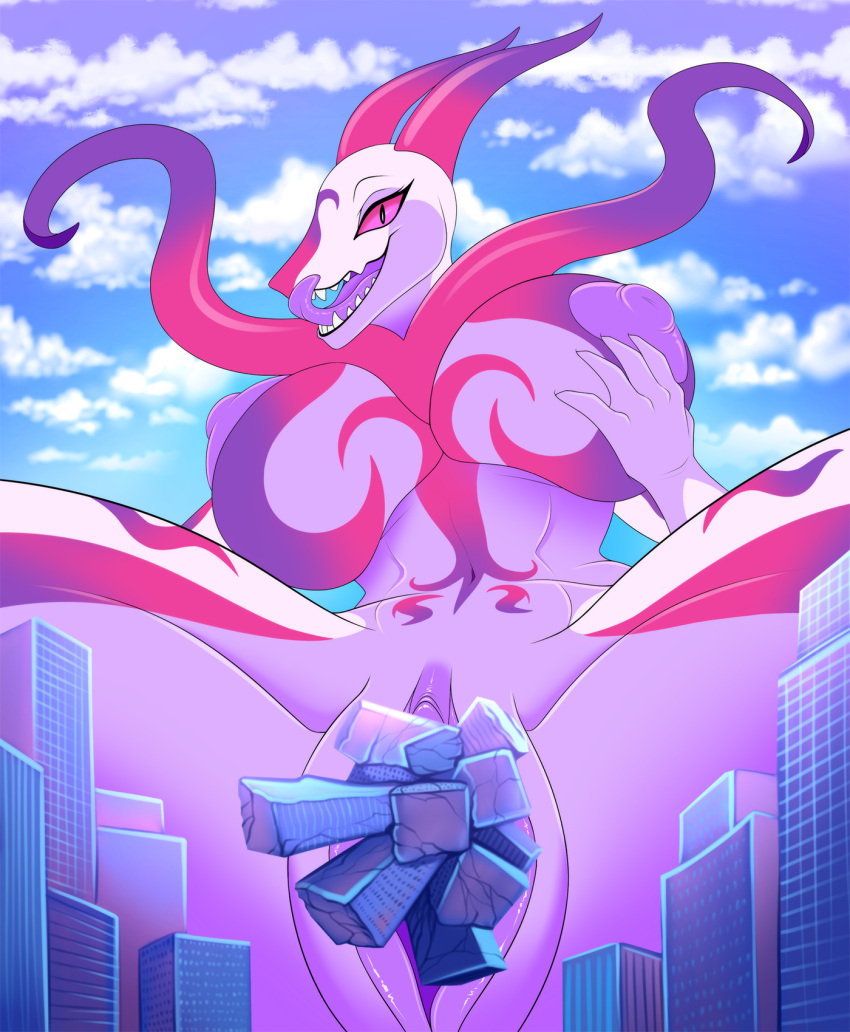 anthro biped breasts building building_insertion city cloud destruction fangs female furrypur generation_5_pokemon genitals hi_res licking licking_lips macro nintendo nipples non-mammal_nipples pokemon pokemon_(species) pussy reptile scalie serperior sky solo teeth tentacles tongue tongue_out