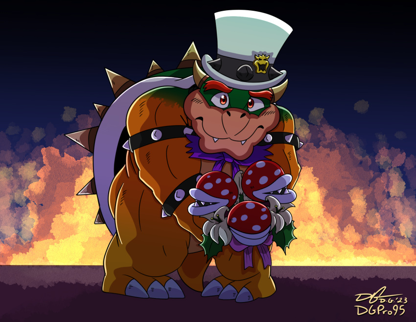 anthro blush bouquet bowser clothing dgpro95 elemental_creature fire fire_background flora_fauna flower hat headgear headwear hi_res illumination_entertainment koopa male mario_bros nintendo overweight overweight_male piranha_plant plant scalie shy solo spoiler the_super_mario_bros_movie universal_studios