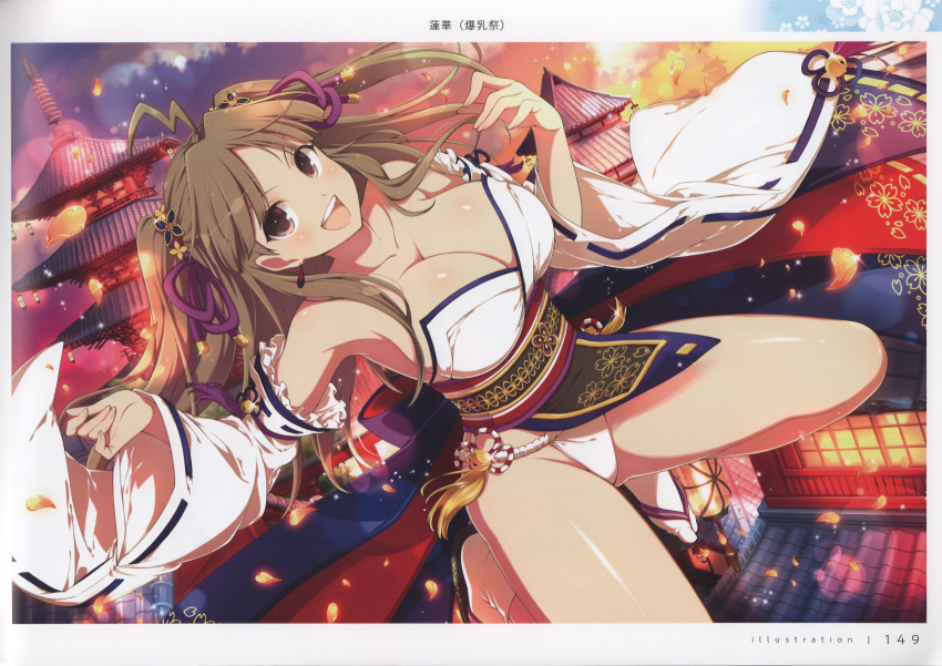 1girl absurdres bare_shoulders breasts brown_hair cleavage collarbone hair_ornament highres japanese_clothes kimono large_breasts long_hair looking_at_viewer official_art open_mouth outdoors page_number panties purple_eyes sandals scan senran_kagura senran_kagura_new_link shiny_skin simple_background smile solo teeth thighs underwear upper_teeth_only wide_sleeves yaegashi_nan