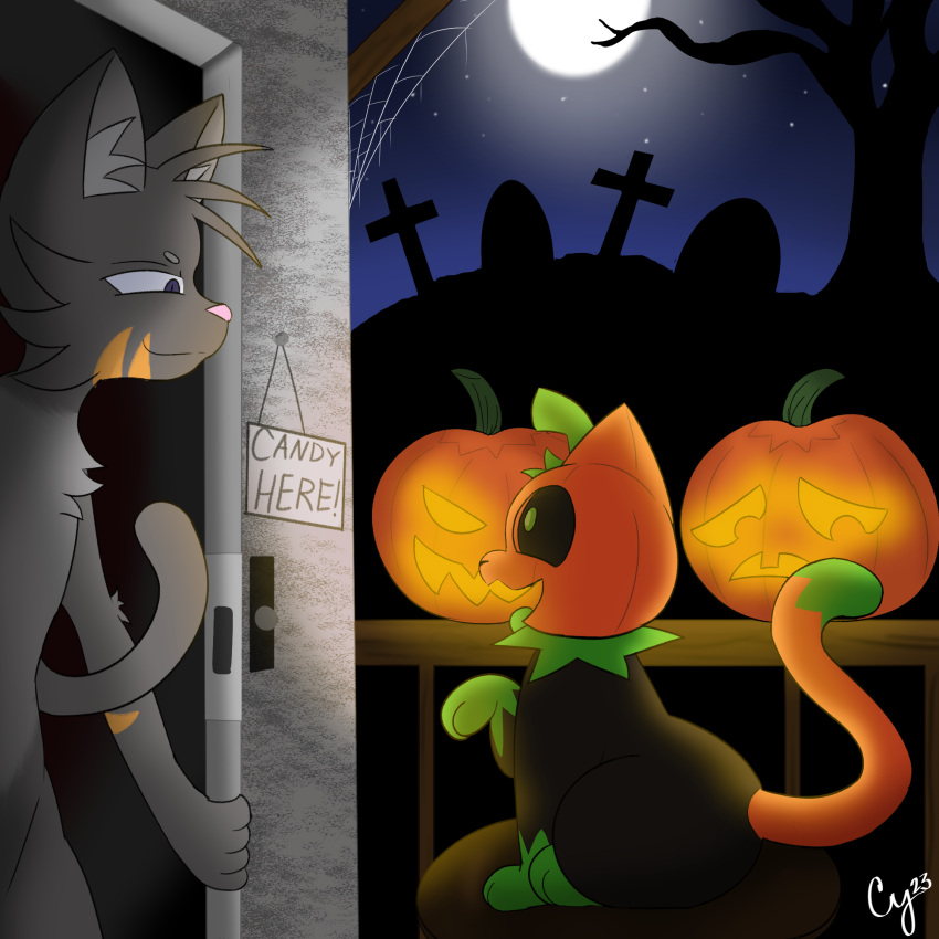ambiguous_gender anthro building cemetery cybeeyoru detailed_background domestic_cat door duo excited felid feline felis feral full_moon furniture halloween hi_res holidays house jack-o'-lantern male mammal moon night open_mouth outside pumkat smile smirk stool tongue tongue_out trick_or_treat