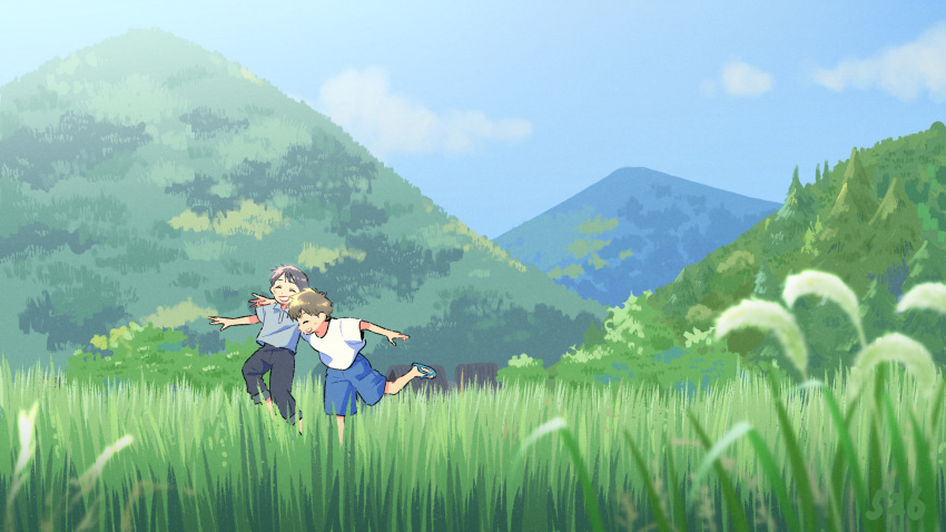 2boys black_pants blue_shorts blue_sky brown_hair closed_eyes cloud collared_shirt day dot_nose facing_viewer field full_body grass grey_shirt grin hair_between_eyes highres kojiro337 landscape male_child male_focus mountain multiple_boys nature open_mouth original outdoors outstretched_arms pants plant sandals scenery shirt short_hair short_sleeves shorts signature sky smile t-shirt teeth tree white_shirt wide_shot