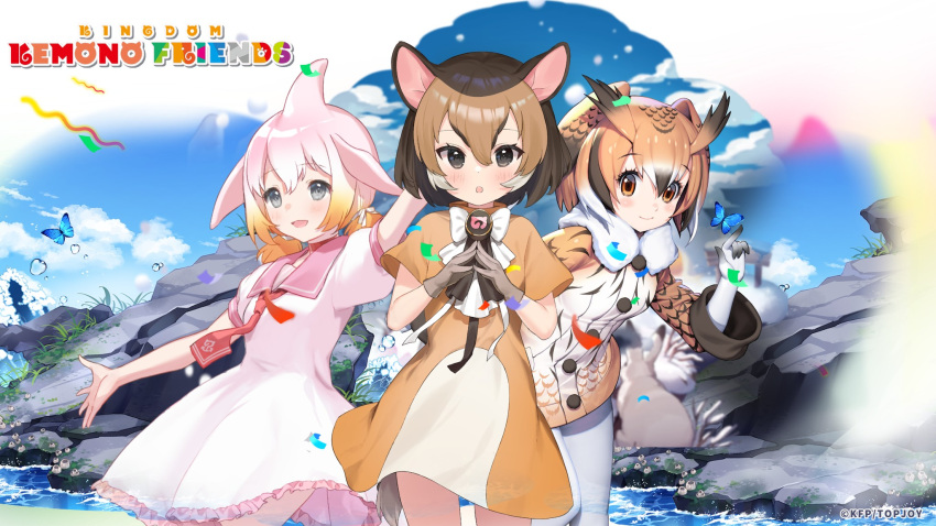 3girls animal_ears bow bowtie brown_eyes brown_hair chevrotain_(kemono_friends) chinese_white_dolphin_(kemono_friends) coat dress eurasian_eagle_owl_(kemono_friends) extra_ears fins gloves grey_eyes head_fins head_wings highres kemono_friends kemono_friends_kingdom long_hair looking_at_viewer multicolored_hair multiple_girls official_art pantyhose pink_hair ribbon sailor_dress short_hair twintails wings